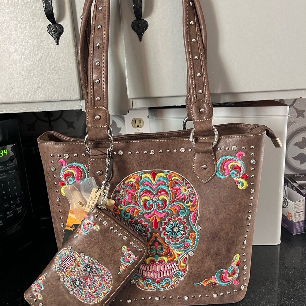 American Bling Sugar Skull Concealed Carry Tote Set - Coffee Brown + Holster